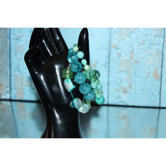 SET OF FUN IN BLUE AND SEAFOAM GREENS   3 STRETCH BRACELETS - Picture 1 of 4